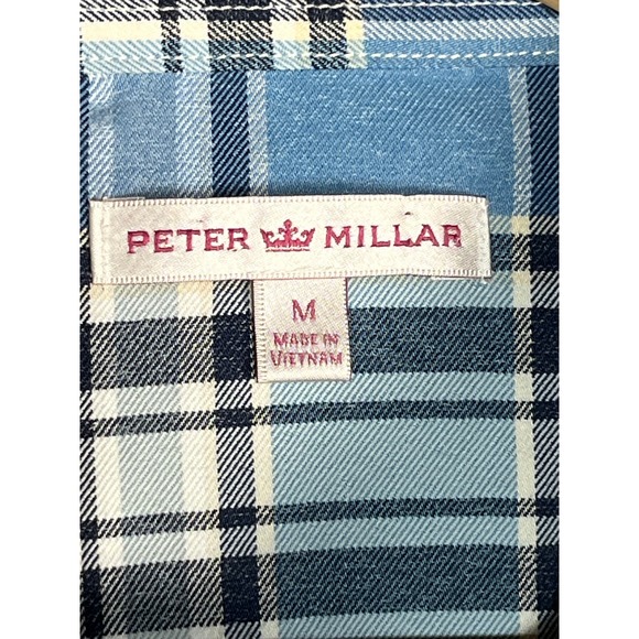 Peter Millar Button Up Long Sleeve Shirt Blue Gray White Plaid Mens Size Medium - Picture 3 of 11